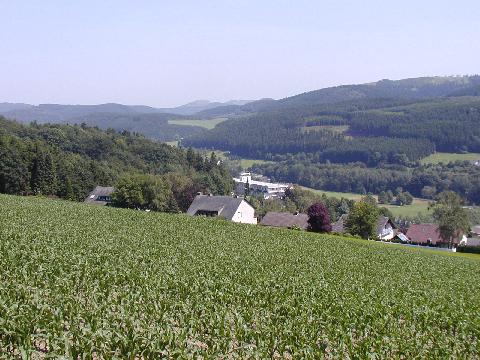 Links in der Bildmitte liegt die Bergnase der Hünenburg mit Blick über das Ruhrtal bei Meschede